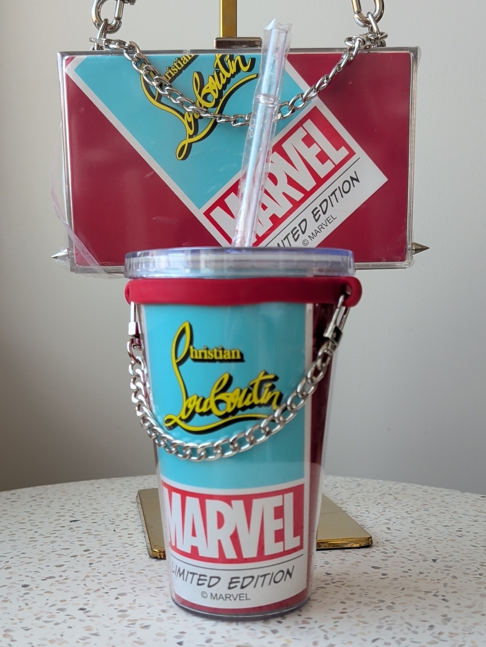 Upcycled Limited Edition Marvel X Christian Louboutin Novelty Clutch + Tumbler